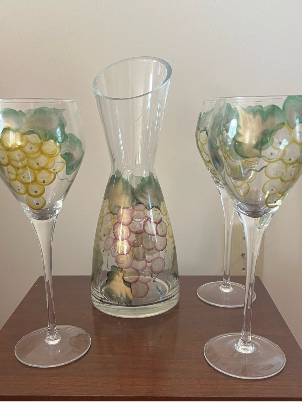 Vintage Mark Paul Hand-Painted Grape Carafe & Wine Glass (3) MSRP: $125